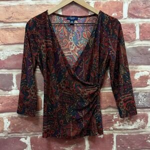 Ralph Lauren Chaps Top Women's S Multicolor Boho Floral Surplice Wrap Shirt